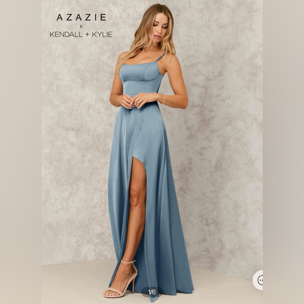 NWT Azazie A-Line Side Slit Stretch Satin Floor-Length Dress